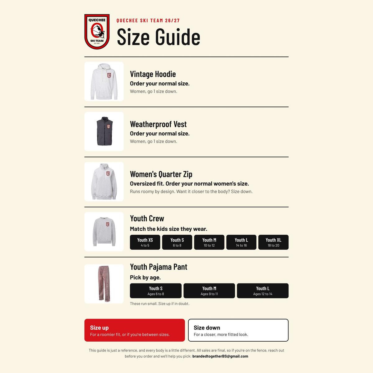 Quechee Ski Team size guide